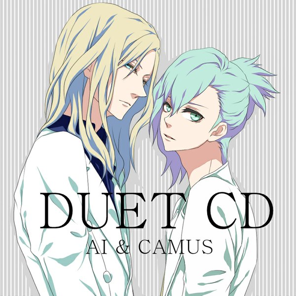 Anime picture 800x800 with uta no prince-sama a-1 pictures mikaze ai camus nayuta (hanayushi) long hair looking at viewer fringe short hair blonde hair parted lips aqua eyes aqua hair grey background multiple boys character names striped striped background boy 2 boys