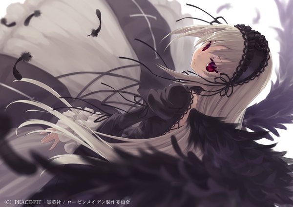 Anime picture 1900x1343 with rozen maiden suigintou sumaki shungo single long hair looking at viewer highres red eyes silver hair light smile text turning head lolita fashion goth-loli girl dress ribbon (ribbons) wings headdress feather (feathers)