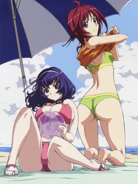 Anime picture 2588x3447 with seikon no qwaser yamanobe tomo oribe mafuyu tall image highres short hair breasts light erotic red eyes large breasts purple eyes multiple girls blue hair cloud (clouds) ahoge red hair looking back beach huge breasts girl