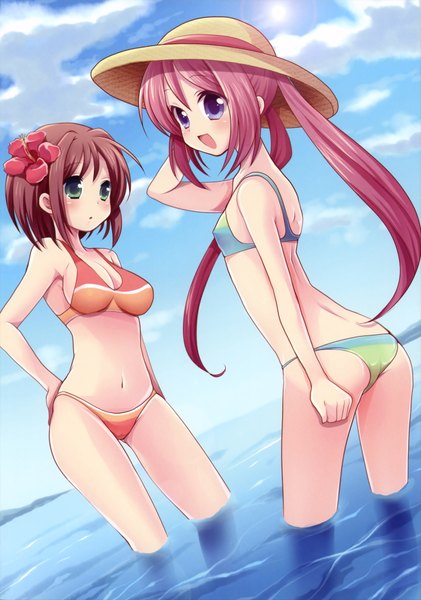 Anime picture 2779x3962 with hiroichi long hair tall image highres short hair open mouth light erotic brown hair purple eyes twintails multiple girls green eyes pink hair hair flower girl hair ornament 2 girls swimsuit bikini