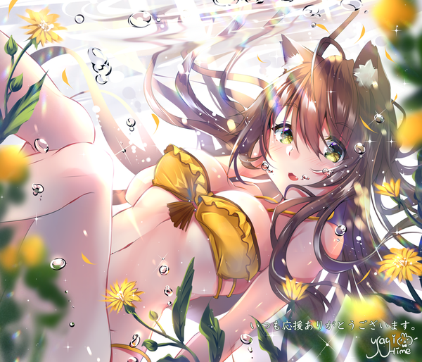 Anime picture 1000x858 with original usagihime single long hair looking at viewer blush fringe breasts open mouth light erotic hair between eyes brown hair signed animal ears yellow eyes cleavage ahoge sunlight cat ears fang (fangs)