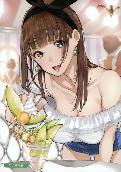 Anime picture 2468x3500 with original melonbooks tsukino wagamo long hair tall image looking at viewer fringe highres open mouth light erotic smile brown hair standing bare shoulders holding green eyes signed payot blunt bangs :d