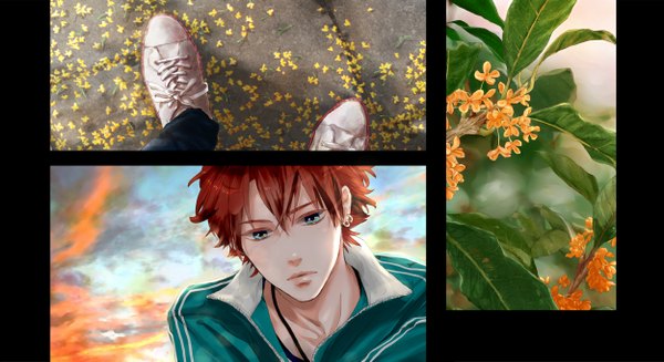 Anime picture 1250x683 with tokimeki memorial girls' side hariya kounoshin hanaen short hair brown hair wide image sky cloud (clouds) aqua eyes multiview boy uniform flower (flowers) plant (plants) earrings shoes leaf (leaves) jewelry branch gym uniform