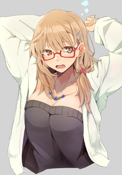 Anime picture 2071x2953 with original kazenoko single long hair tall image fringe highres breasts open mouth simple background blonde hair hair between eyes large breasts brown eyes looking away upper body ahoge grey background arms up open shirt