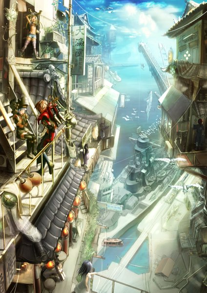 Anime picture 2000x2829 with original sai (abyss05) long hair tall image highres short hair black hair blonde hair brown hair sitting sky cloud (clouds) ponytail zettai ryouiki city cityscape eating architecture mecha musume east asian architecture