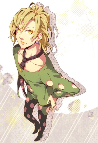 Anime picture 840x1220 with jojo no kimyou na bouken pannacotta fugo himekawa donki single tall image looking at viewer short hair blonde hair yellow eyes from above shadow torn clothes hands on hips food print strawberry print boy earrings necktie food berry (berries)