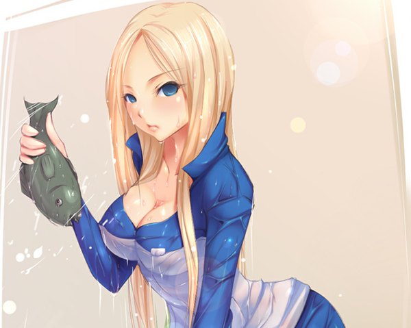 Anime picture 1024x819 with arakawa under the bridge shaft (studio) nino single long hair looking at viewer breasts blue eyes light erotic simple background blonde hair wet girl uniform fish (fishes) gym uniform