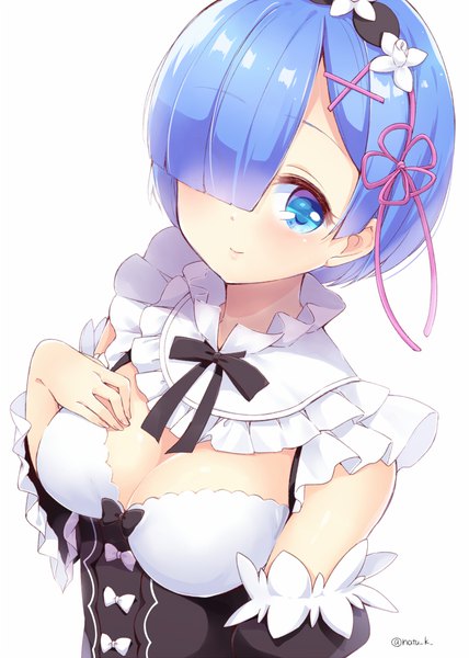 Anime picture 714x1000 with re:zero kara hajimeru isekai seikatsu white fox rem (re:zero) hazuki natsu single tall image looking at viewer blush fringe short hair breasts blue eyes light erotic simple background large breasts white background signed blue hair cleavage upper body