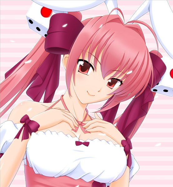 Anime picture 1000x1080 with di gi charat madhouse usada hikaru rabi en rose gaen single long hair tall image looking at viewer smile red eyes twintails red hair bunny ears girl dress ribbon (ribbons) hair ribbon dice