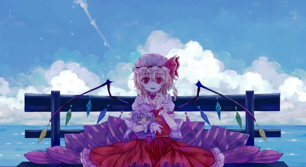 Anime picture 2400x1310 with touhou flandre scarlet remilia scarlet dead line single looking at viewer highres short hair open mouth blonde hair smile red eyes wide image sitting sky cloud (clouds) short sleeves one side up girl dress