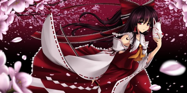 Anime picture 2500x1250 with touhou hakurei reimu cloudy.r single long hair highres black hair red eyes wide image cherry blossoms miko red background girl skirt bow hair bow detached sleeves petals sword katana