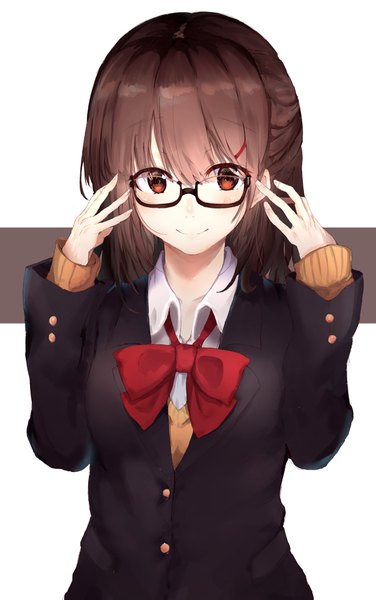 Anime picture 2508x3993 with original ranf single long hair tall image looking at viewer blush fringe highres simple background hair between eyes brown hair brown eyes payot upper body light smile open collar adjusting glasses girl uniform