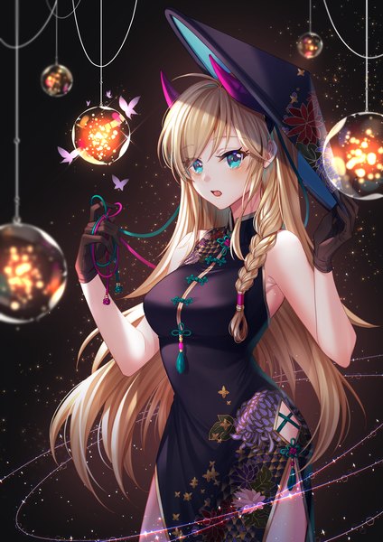 Anime picture 2480x3508 with original kiwi (pixiv6429539) single long hair tall image looking at viewer blush fringe highres breasts open mouth blue eyes simple background blonde hair standing bare shoulders holding ahoge braid (braids) traditional clothes