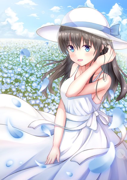 Anime picture 1075x1518 with idolmaster idolmaster cinderella girls sagisawa fumika aiban single long hair tall image looking at viewer blush fringe breasts open mouth blue eyes black hair hair between eyes standing sky cloud (clouds) outdoors wind