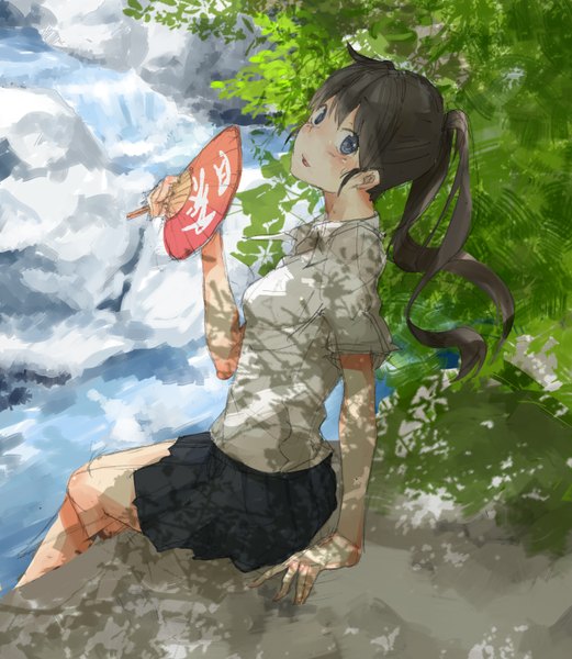 Anime picture 1271x1462 with original taxi (owp) single long hair tall image looking at viewer blush fringe highres open mouth blue eyes brown hair sitting sky ponytail looking back girl skirt plant (plants) tree (trees)