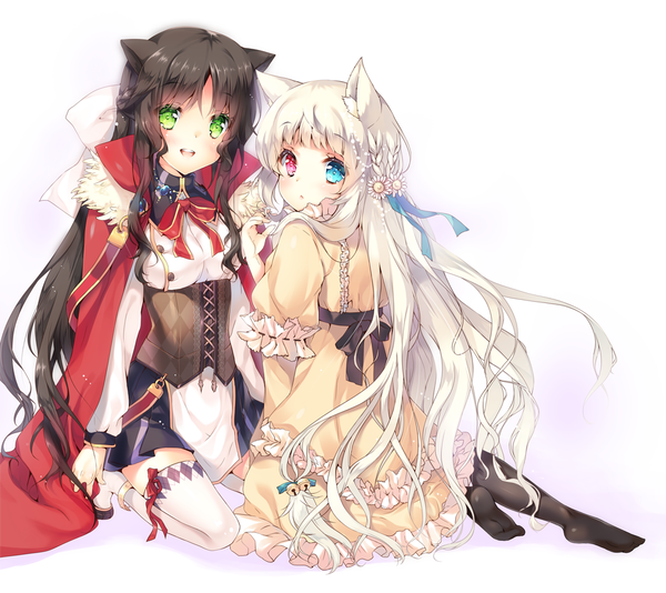 Anime picture 1000x890 with original miwabe sakura long hair looking at viewer open mouth black hair simple background white background multiple girls green eyes animal ears white hair heterochromia girl thighhighs dress ribbon (ribbons) 2 girls hair ribbon white thighhighs