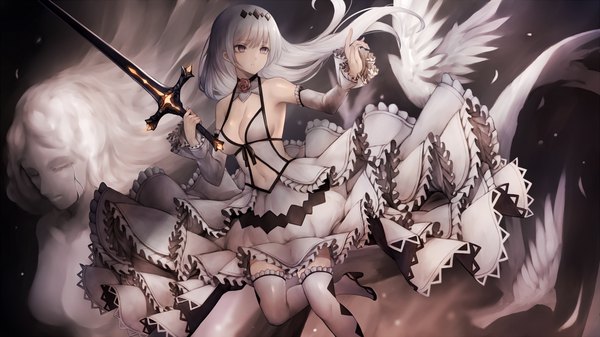 Anime-Bild 1777x1000 mit original snm (sunimi) single long hair fringe highres breasts wide image standing bare shoulders holding looking away silver hair bent knee (knees) parted lips arm up wide sleeves bare belly :o grey eyes