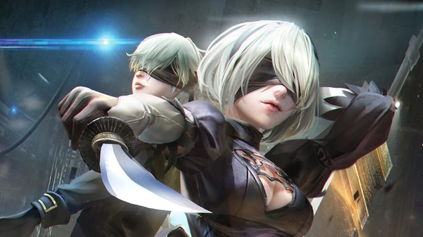 Anime picture 1920x1080 with nier nier:automata yorha no. 2 type b yorha no. 9 type s sangrde looking at viewer fringe highres short hair breasts wide image holding white hair lips realistic mole wallpaper cleavage cutout mole under mouth blindfold