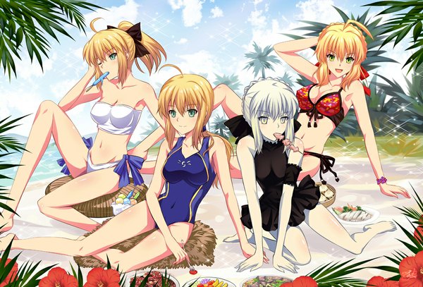 Anime picture 1000x679 with fate (series) fate/stay night fate/extra fate/unlimited codes studio deen type-moon artoria pendragon (all) saber nero claudius (fate) (all) saber alter nero claudius (fate) saber lily riyun long hair looking at viewer blush breasts open mouth light erotic blonde hair