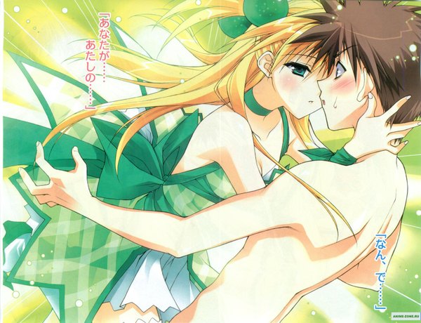 Anime picture 1562x1200 with akikan long hair blush fringe short hair open mouth hair between eyes brown hair bare shoulders green eyes profile inscription two side up couple sweatdrop face to face eye contact almost kiss girl thighhighs