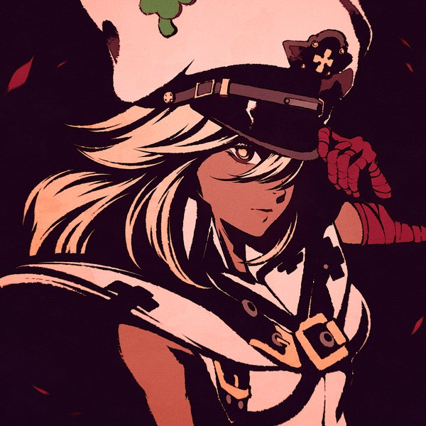 Anime picture 1080x1080 with guilty gear guilty gear xrd guilty gear strive ramlethal valentine moshimoshibe single long hair looking at viewer fringe simple background blonde hair hair between eyes yellow eyes upper body arm up dark skin black background high contrast girl bandage (bandages)