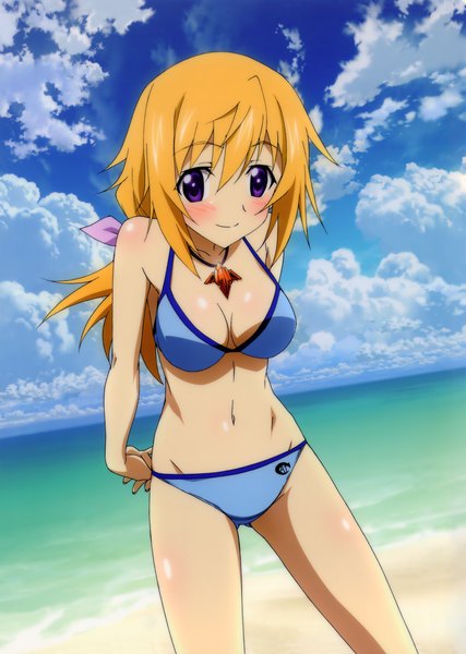 Anime picture 2051x2885 with infinite stratos 8bit charles dunois long hair tall image looking at viewer blush highres breasts light erotic blonde hair purple eyes sky cloud (clouds) scan official art girl navel swimsuit bikini