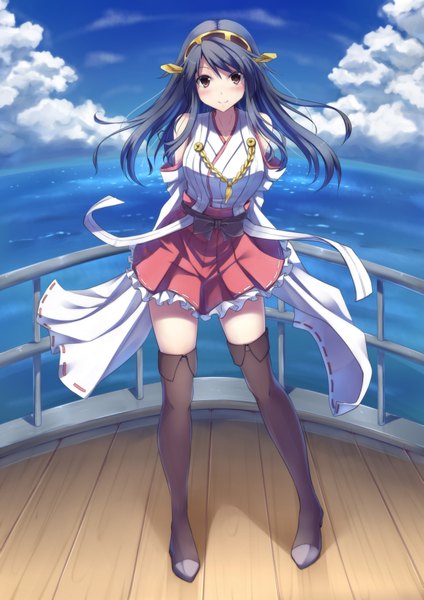 Anime picture 1447x2046 with kantai collection haruna battleship nicoby single long hair tall image looking at viewer blush black hair smile brown eyes sky cloud (clouds) traditional clothes nontraditional miko girl hair ornament detached sleeves sea thigh boots