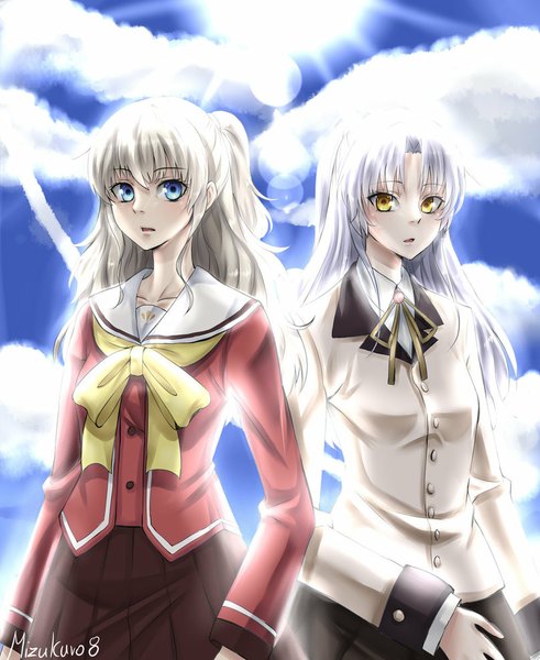 Anime picture 808x988 with angel beats! charlotte key (studio) p.a. works tachibana kanade tomori nao mizukuro8 long hair tall image looking at viewer blush fringe blue eyes standing multiple girls signed yellow eyes sky silver hair cloud (clouds)
