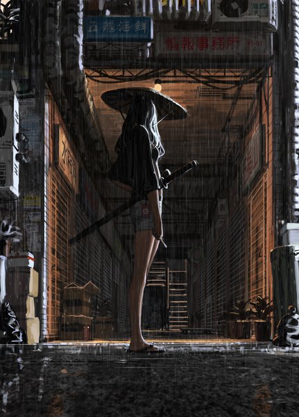 Anime picture 2267x3156 with original guweiz single long hair tall image highres black hair standing full body outdoors realistic hieroglyph rain sheathed girl weapon plant (plants) hat sword shorts