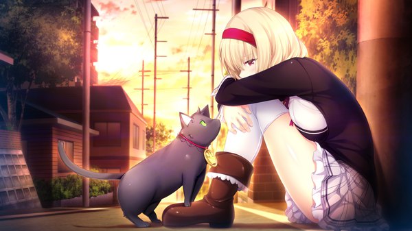 Anime picture 1920x1080 with nora to oujo to noraneko heart nora (cat) lucia of end oozora itsuki single blush highres short hair breasts blonde hair red eyes wide image large breasts sky cloud (clouds) bent knee (knees) outdoors long sleeves profile sunlight