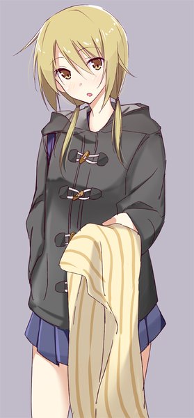 Anime picture 415x892 with yuyushiki ichii yui hajime (kin'you club) single long hair tall image looking at viewer fringe blonde hair simple background hair between eyes standing twintails yellow eyes parted lips grey background low twintails hand in pocket girl scarf