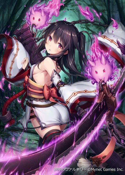 Anime picture 643x900 with shinkai no valkyrie akari (shinkai no valkyrie) akkijin single long hair tall image looking at viewer fringe breasts light erotic black hair hair between eyes red eyes bare shoulders outdoors ass long sleeves traditional clothes japanese clothes looking back