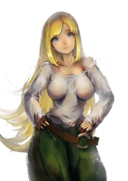 Anime picture 1134x1600 with mobile suit gundam gundam tekketsu no orphans sunrise (studio) kudelia aina bernstein pandea work single long hair tall image looking at viewer fringe breasts blue eyes light erotic simple background blonde hair large breasts standing white background head tilt thighs