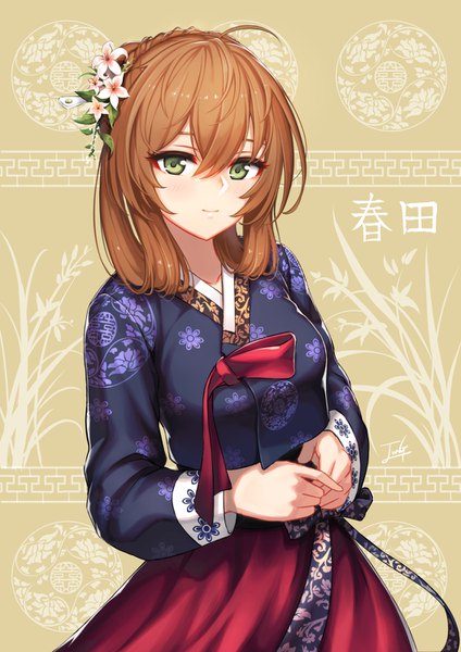 Anime picture 1060x1500 with girls frontline m1903 springfield (girls frontline) baek hyang single tall image looking at viewer blush fringe short hair simple background hair between eyes brown hair standing green eyes payot ahoge traditional clothes hair flower light smile hieroglyph