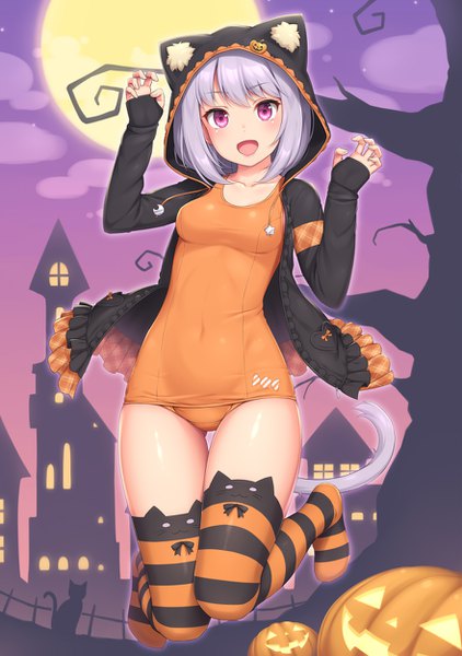 Anime picture 880x1250 with original sasaame single tall image looking at viewer blush fringe short hair breasts open mouth light erotic smile animal ears payot purple hair full body tail :d animal tail pink eyes