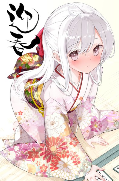 Anime picture 2760x4210 with original hamaken. (novelize) single long hair tall image looking at viewer blush fringe highres hair between eyes silver hair traditional clothes japanese clothes pink eyes from above :o new year iroha karuta girl kimono