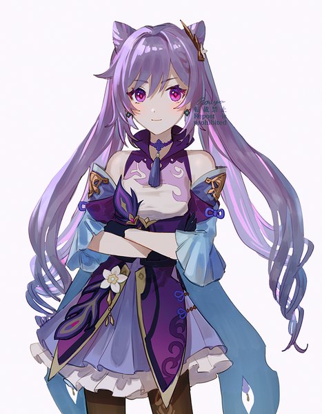 Anime picture 700x900 with genshin impact keqing (genshin impact) rowya single long hair tall image looking at viewer fringe simple background smile hair between eyes standing purple eyes twintails purple hair hair bun (hair buns) crossed arms girl dress detached sleeves