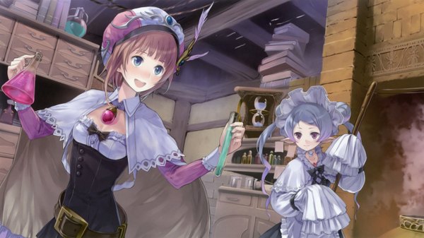 Anime picture 2560x1440 with atelier (series) gust (company) rorolina frixell hom kishida mel blush highres short hair open mouth blue eyes smile red eyes brown hair wide image multiple girls blue hair game cg long sleeves girl dress