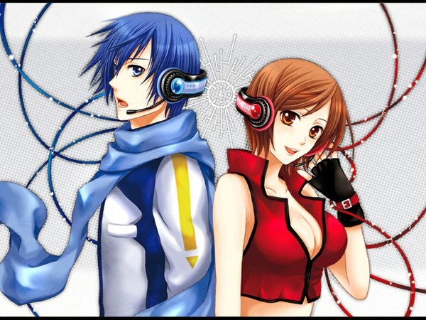 Anime picture 1024x768 with vocaloid kaito (vocaloid) meiko wool light erotic girl