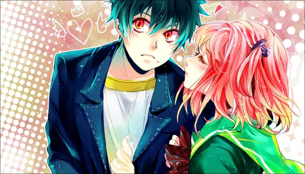 Anime picture 1280x730 with original tsuna2727 long hair blush short hair red eyes wide image looking away pink hair eyes closed head tilt profile aqua hair orange eyes leaning embarrassed leaning forward couple almost kiss polka dot background