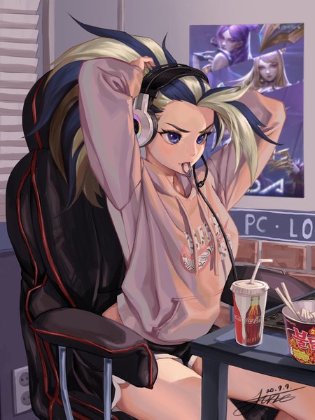 Anime picture 3000x4000 with league of legends k/da (league of legends) coca-cola nike akali (league of legends) the baddest akali tigerjune single long hair tall image fringe highres blue eyes blonde hair sitting holding signed blue hair looking away ponytail