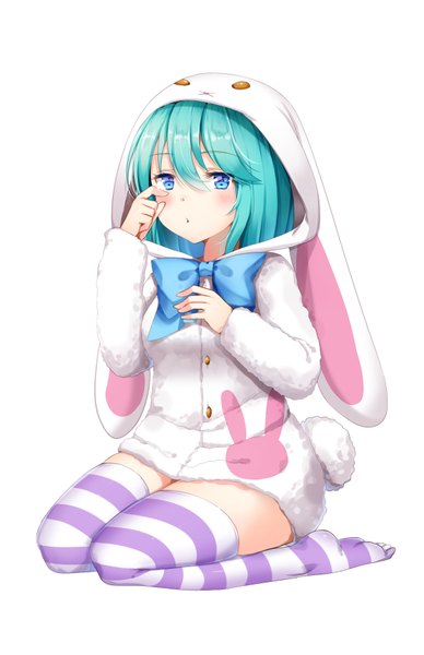 Anime picture 1181x1823 with vocaloid hatsune miku douya (233) single long hair tall image looking at viewer blush breasts blue eyes simple background white background sitting aqua hair :o kneeling animal hood girl thighhighs bow