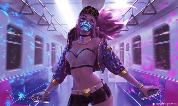 Anime picture 1792x1067 with league of legends k/da (league of legends) akali (league of legends) k/da akali wlop single long hair looking at viewer highres breasts wide image standing bare shoulders holding signed yellow eyes payot cleavage purple hair ponytail