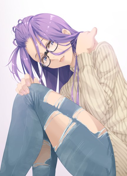 Anime picture 2271x3157 with yurucamp kagamihara sakura mukunokino isshiki single long hair tall image looking at viewer fringe highres breasts open mouth blue eyes simple background hair between eyes sitting purple hair long sleeves lipstick gradient background torn clothes