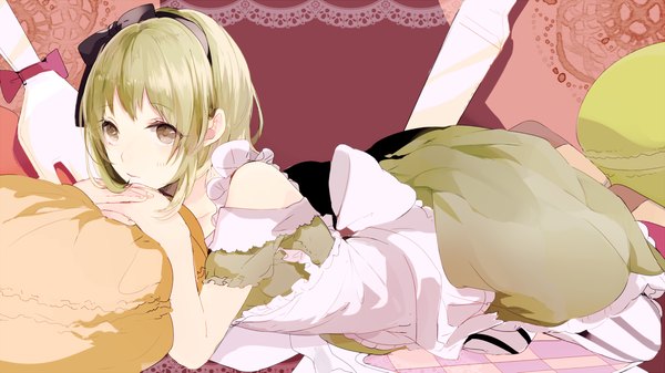 Anime picture 1400x787 with vocaloid gumi nana (prin dog) single looking at viewer blush short hair wide image bare shoulders green hair black eyes on stomach girl thighhighs dress hairband pillow