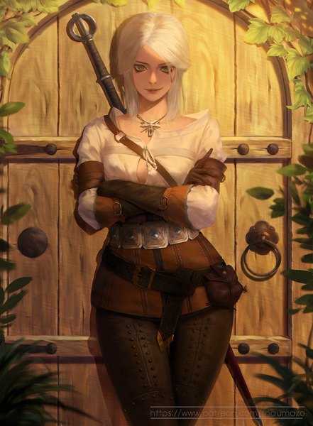 Anime picture 960x1306 with the witcher the witcher 3 wild hunt ciri thaumazo single tall image looking at viewer short hair smile standing white hair lips realistic crossed arms eyeshadow smirk girl shirt belt white shirt