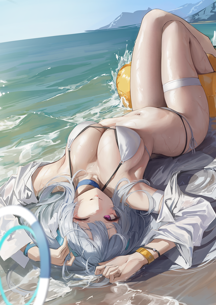 Anime-Bild 1500x2122 mit blue archive noa (blue archive) leviathan (hikinito0902) single long hair tall image looking at viewer fringe breasts light erotic smile large breasts sky silver hair outdoors lying one eye closed pink eyes wink arms up