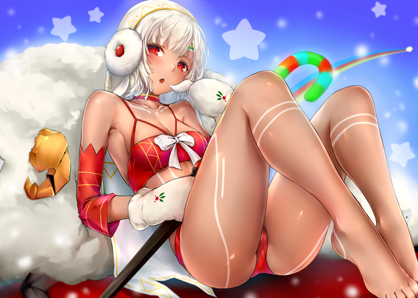Anime picture 7000x5000 with fate (series) fate/grand order altera (fate) altera the santa (fate) rei kun single looking at viewer blush fringe highres short hair breasts open mouth light erotic red eyes absurdres white hair blunt bangs barefoot :o
