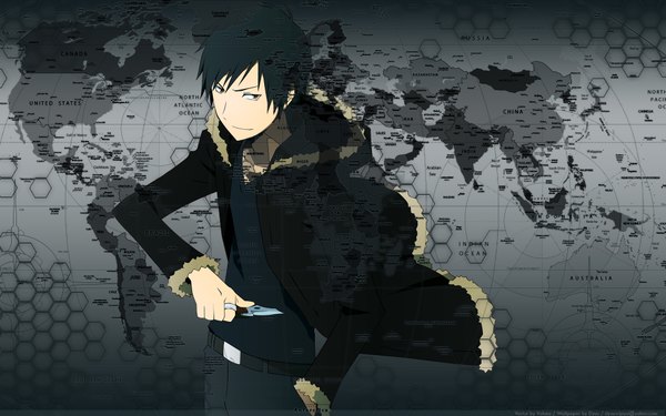 Anime picture 1920x1200 with durarara!! brains base (studio) orihara izaya dyuu highres wide image boy knife map