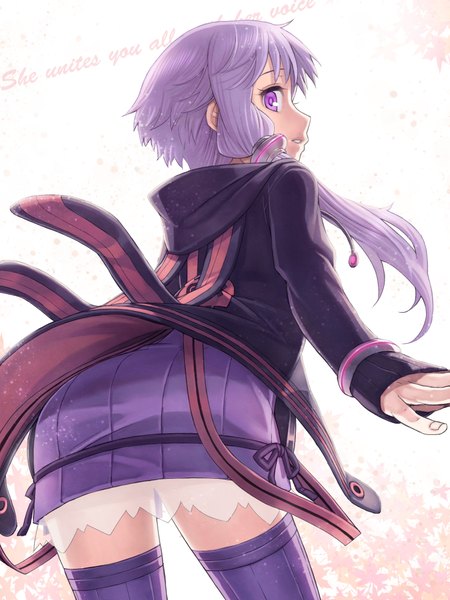 Anime picture 1500x2000 with vocaloid yuzuki yukari omsb single long hair tall image fringe standing twintails purple eyes animal ears purple hair parted lips looking back from behind inscription leaning bunny ears leaning forward low twintails